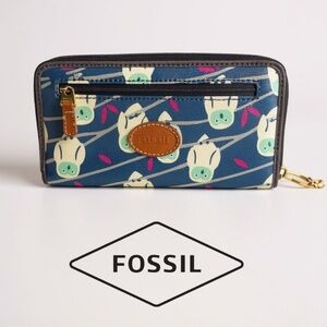 Authentic Fossil Blue Owl Print Zip Around Wallet Pink Interior Key Ring Accent